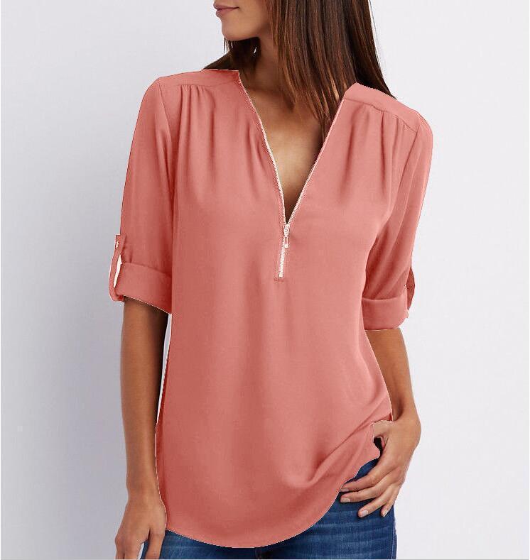 Zip V-neck Shirts Women Short Sleeve Loose Tops Ooho