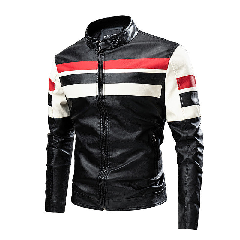 Motorcycle Stitching Leather Jacket Men Stand Collar Retro Ooho