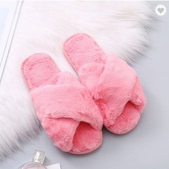 Winter Women Home Slippers With Faux Fur Fashion Warm Shoes Woman Slip On Flats Female Slides Black Plus Size Ooho