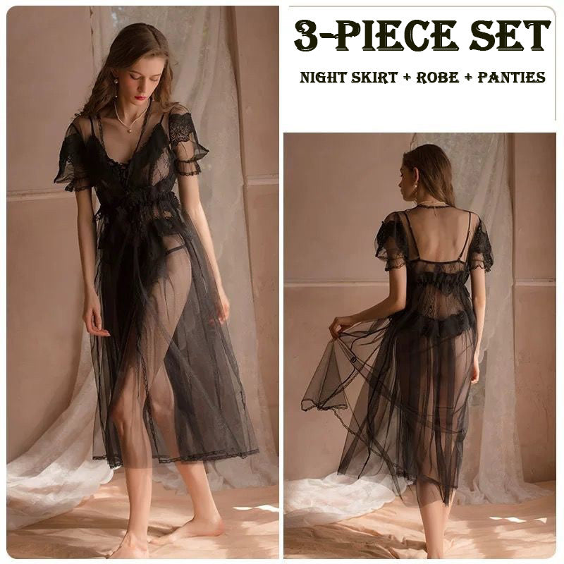 Women Chemise White Polyester Lace Sheer Stretch Chemise Overcoat Panty 3-Piece Set Sexy Lingerie Outfit Ooho