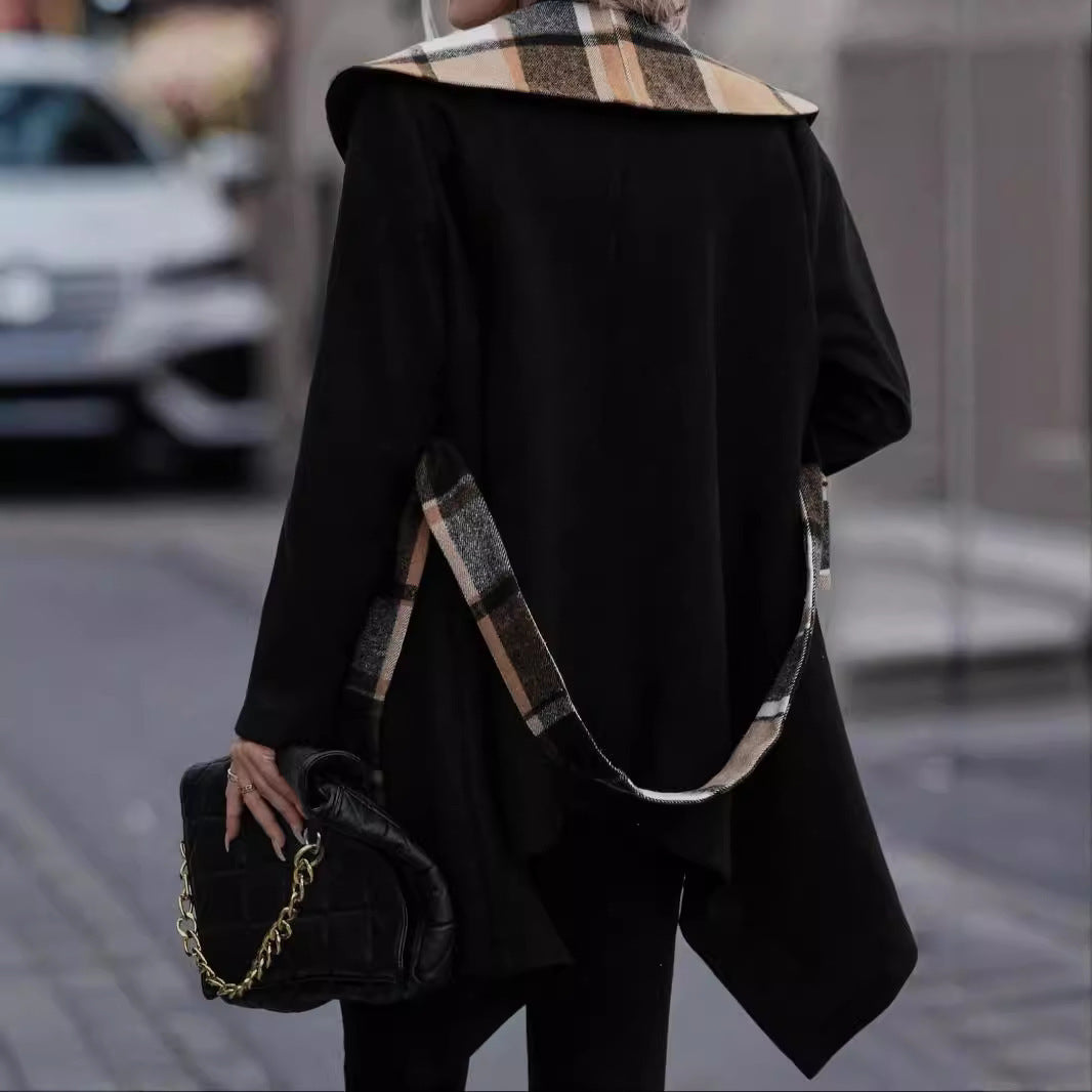 Lace-up Plaid Color Matching Wool Mid-length Trench Coat for Women – Elegant & Cozy Outerwear Ooho