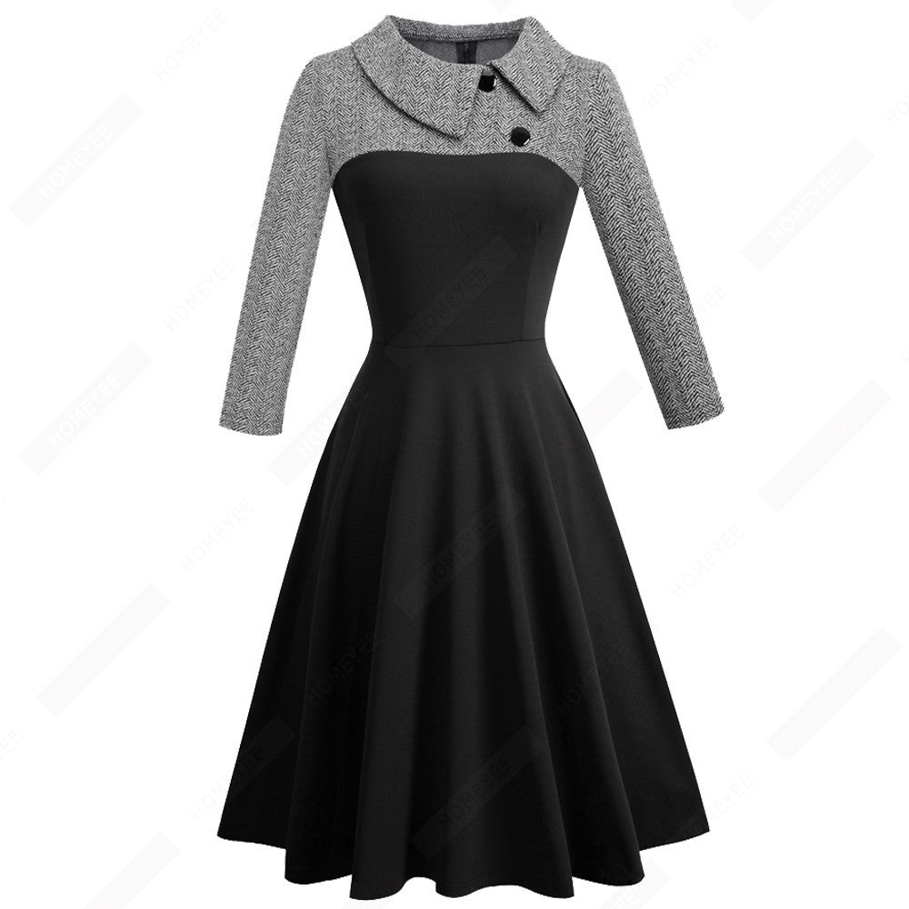 Contrast Stitching Lapel A-Line Dress for Women | Chic Button-Up Flared Dress Ooho