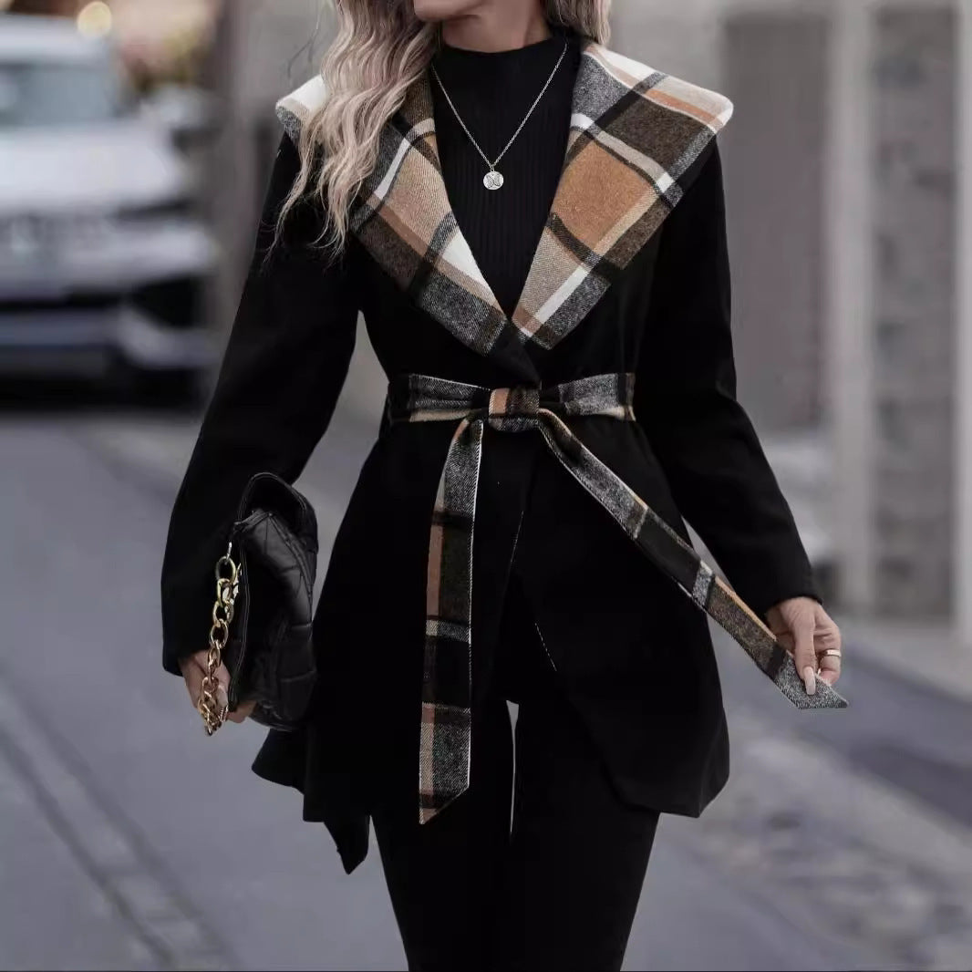 Lace-up Plaid Color Matching Wool Mid-length Trench Coat for Women – Elegant & Cozy Outerwear Ooho