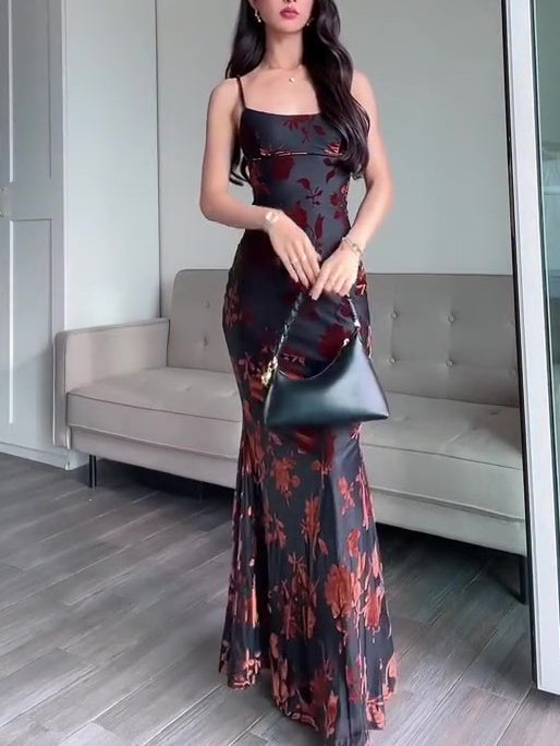 Flocked Strappy Maxi Dress Ooho