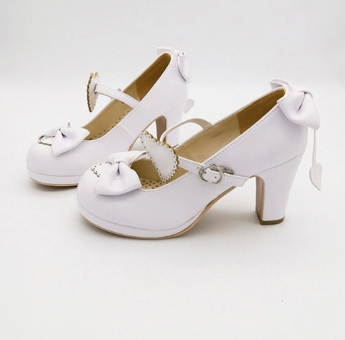 LINK Harajuku Lolita Pumps Patent Leather High Heels Solid Bowtie Maid Cosplay Shoes Soft Women Mary Janes Evening Shoes Ooho