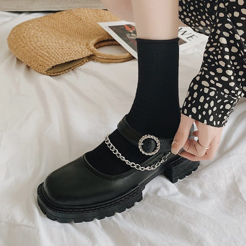 Rimocy Black Pu Leather Metal Chain Chunky Mary Janes Shoes Woman Autumn Square Heels Ankle Strap Platform Pumps Women Punk Ooho