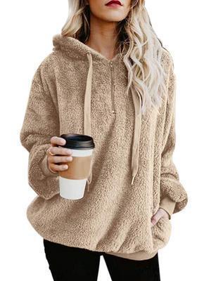 Women's Polerones Fleece Hoodies Long Sleeve Hooded Pullover Sweatshirt Autumn Winter Warm Zipper Pocket Coat Female Sweatshirt Ooho