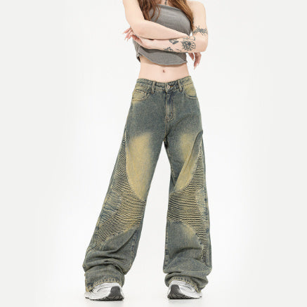 Washed Yellow Mud Straight Jeans for Women | Trendy Vintage Denim Pants Ooho