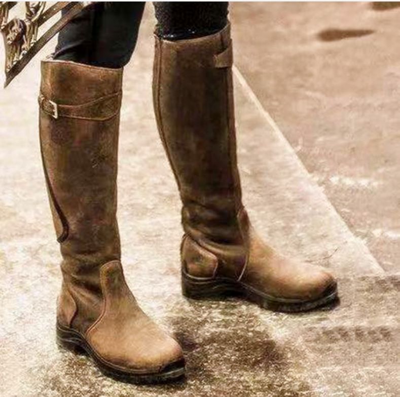 Classic Fashion Riding Western Boots Winter Knee Buckle Boots High Block Heel Round Toe Shoes For Women Ooho