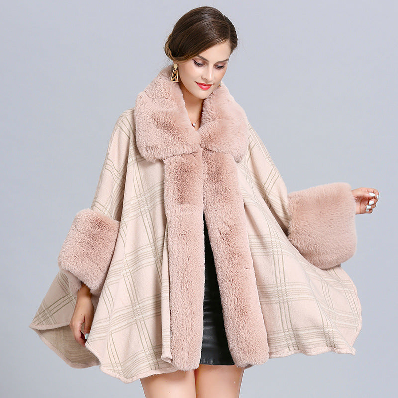 Women's Winter Plaid Poncho – Faux Fox Fur Neck Cape Shawl Wrap Ooho