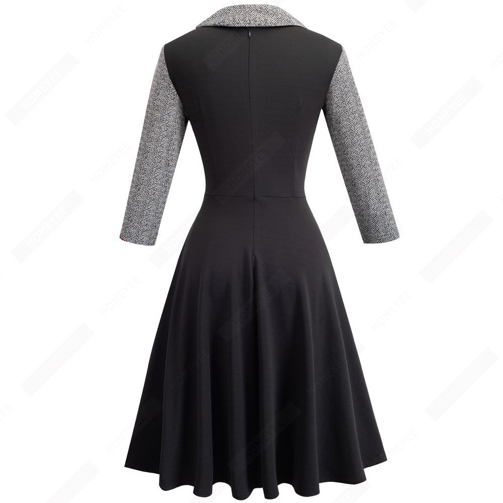 Contrast Stitching Lapel A-Line Dress for Women | Chic Button-Up Flared Dress Ooho