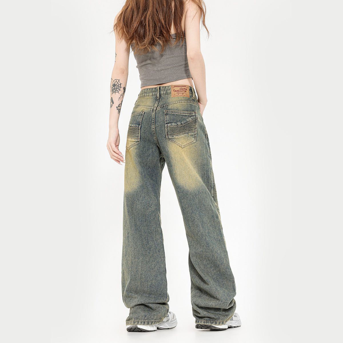 Washed Yellow Mud Straight Jeans for Women | Trendy Vintage Denim Pants Ooho