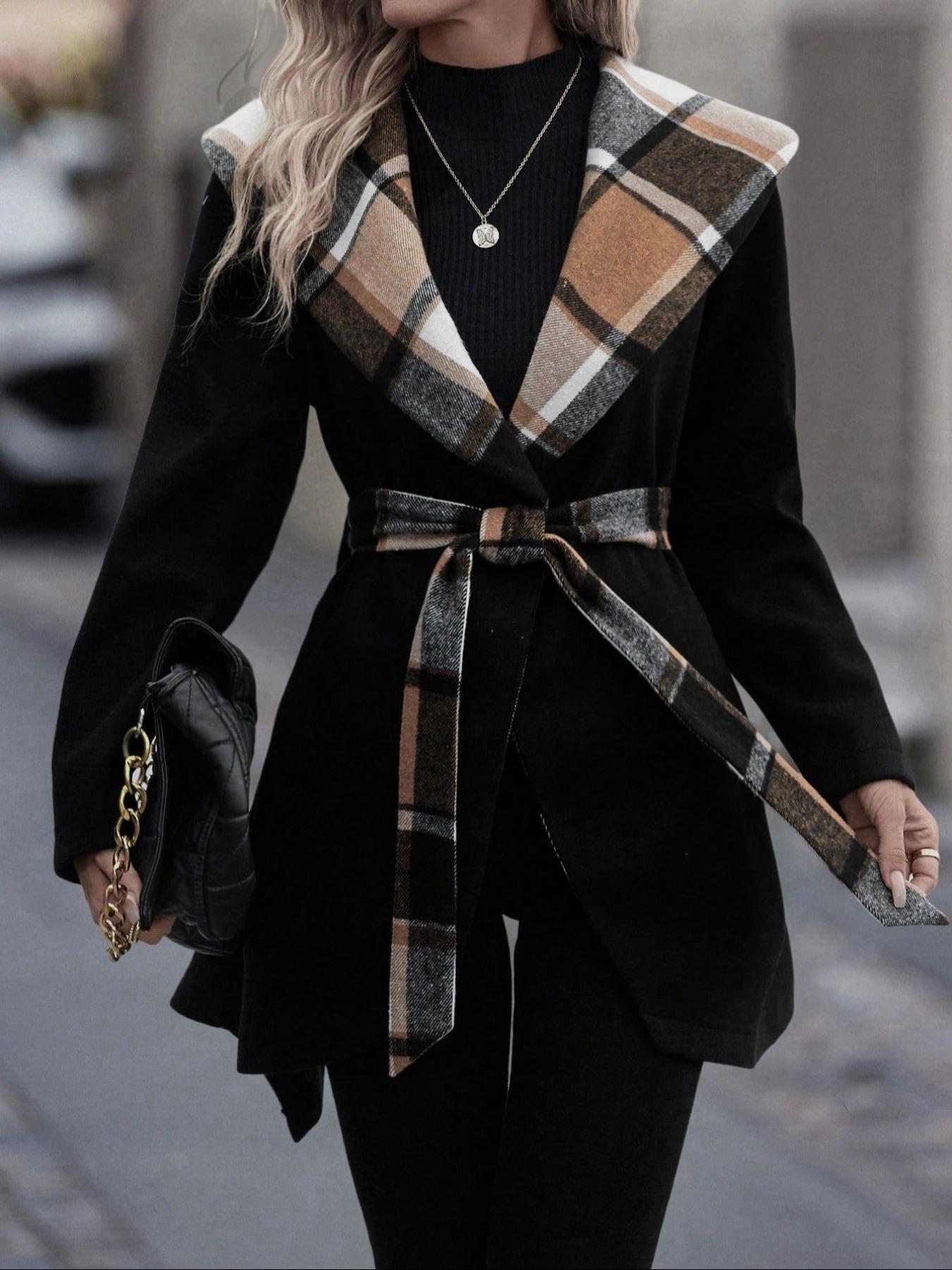 Lace-up Plaid Color Matching Wool Mid-length Trench Coat for Women – Elegant & Cozy Outerwear Ooho