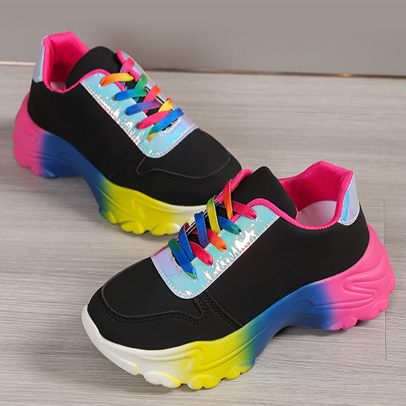 INS Style Rainbow Color Sports Shoes For Women Thick Bottom Lace-up Sneakers Fashion Casual Lightweight Running Walking Shoes Ooho