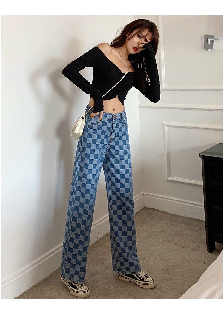 Women’s Plaid Pattern Jeans | Trendy Checkered Casual Denim Pants Ooho