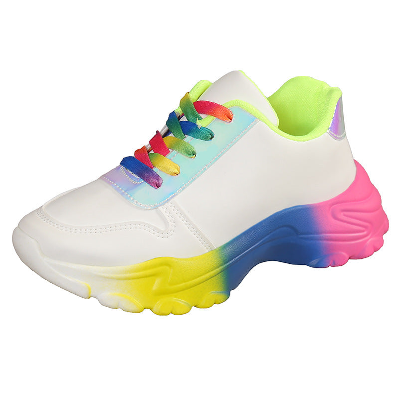 INS Style Rainbow Color Sports Shoes For Women Thick Bottom Lace-up Sneakers Fashion Casual Lightweight Running Walking Shoes Ooho