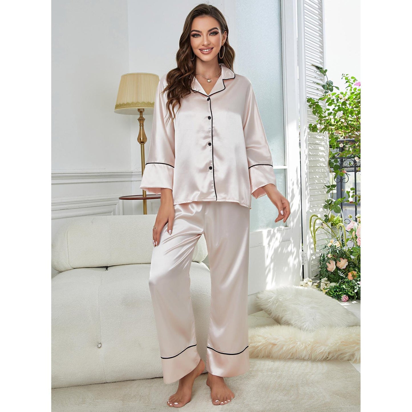 Long Sleeve Pajama Set Button Up Shirt And Pants Lounge Sets Sleepwear Ooho