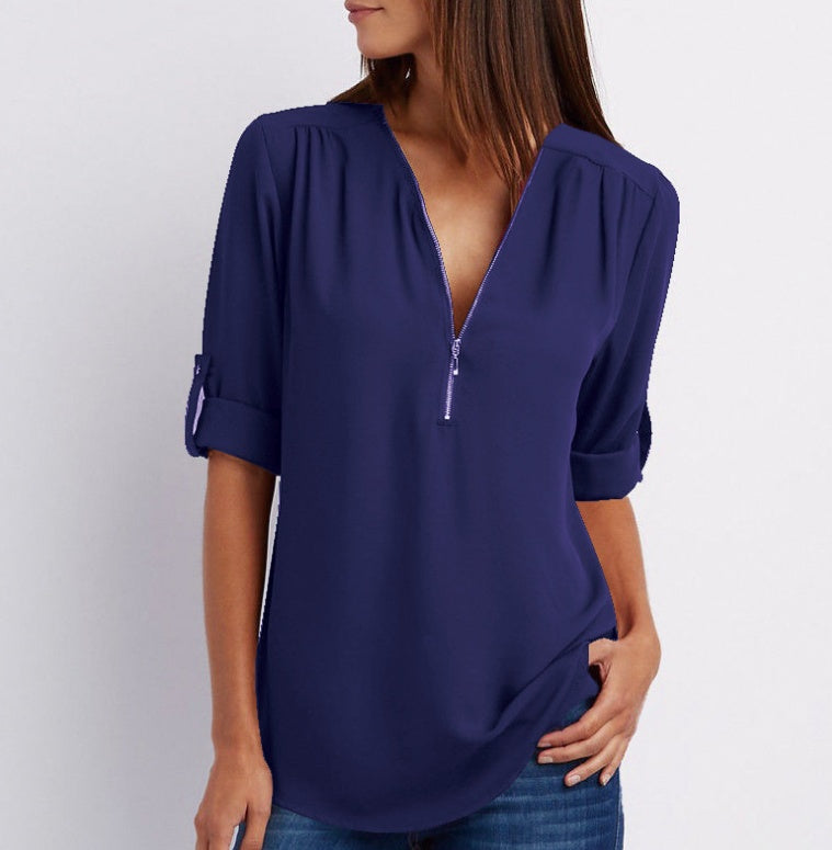 Zip V-neck Shirts Women Short Sleeve Loose Tops Ooho