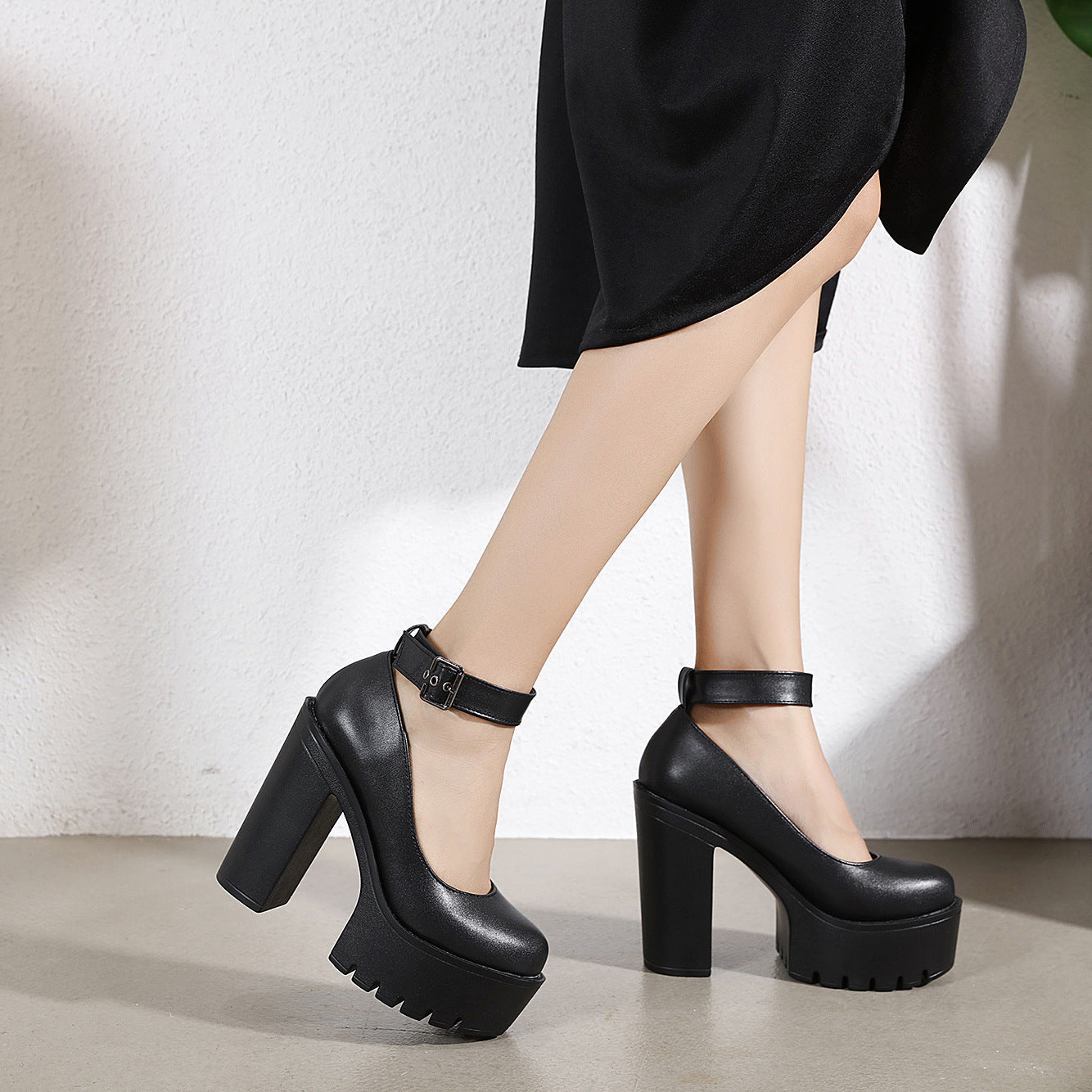 Black Platform Belt Buckle Chunky High Heels Ooho