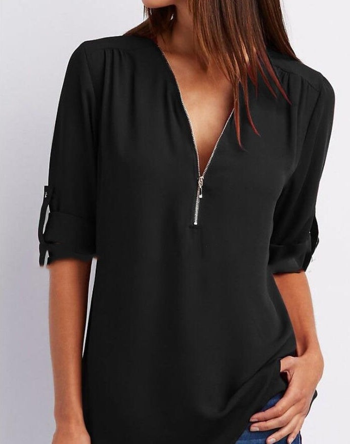 Zip V-neck Shirts Women Short Sleeve Loose Tops Ooho