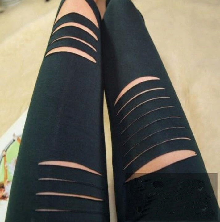 Women’s Asymmetrical Knee Ripped Cotton Leggings | Autumn Anti-Pilling Ankle-Length Pants Ooho