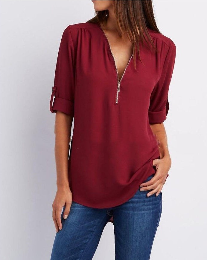 Zip V-neck Shirts Women Short Sleeve Loose Tops Ooho