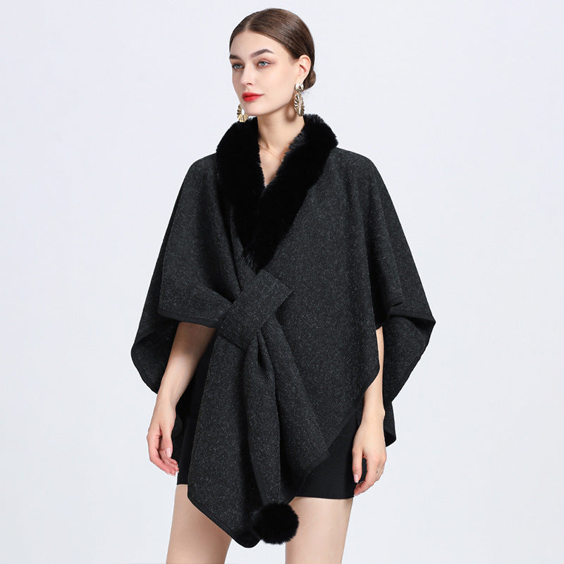 Imitation Rex Rabbit Fur Collar Cape and Shawl for Women – Loose Knitted Cardigan Ooho