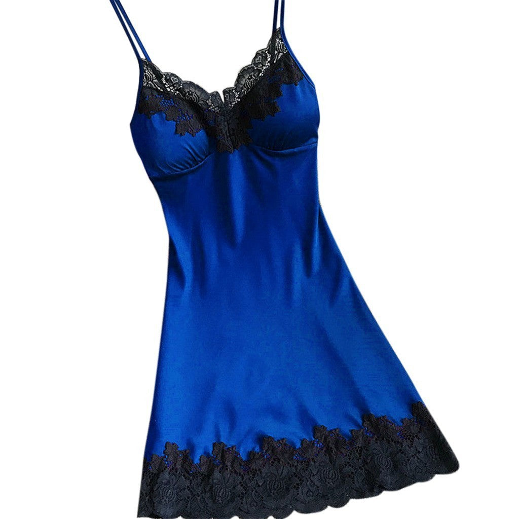 Large Size Sexy Suspender Dress Satin Lace Stitching Nightdress Ooho
