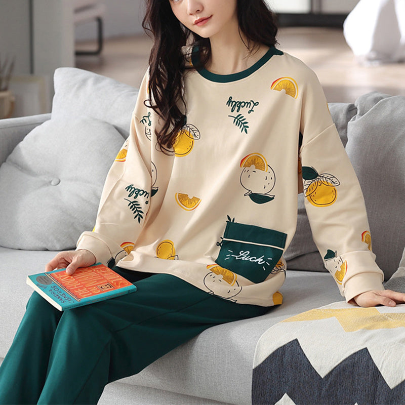 Loose Print Pajamas Women Autumn Winter Pyjama Set Long Sleeves And Trousers Elegant Sleepwear Girl Loungewear Home Clothes Ooho