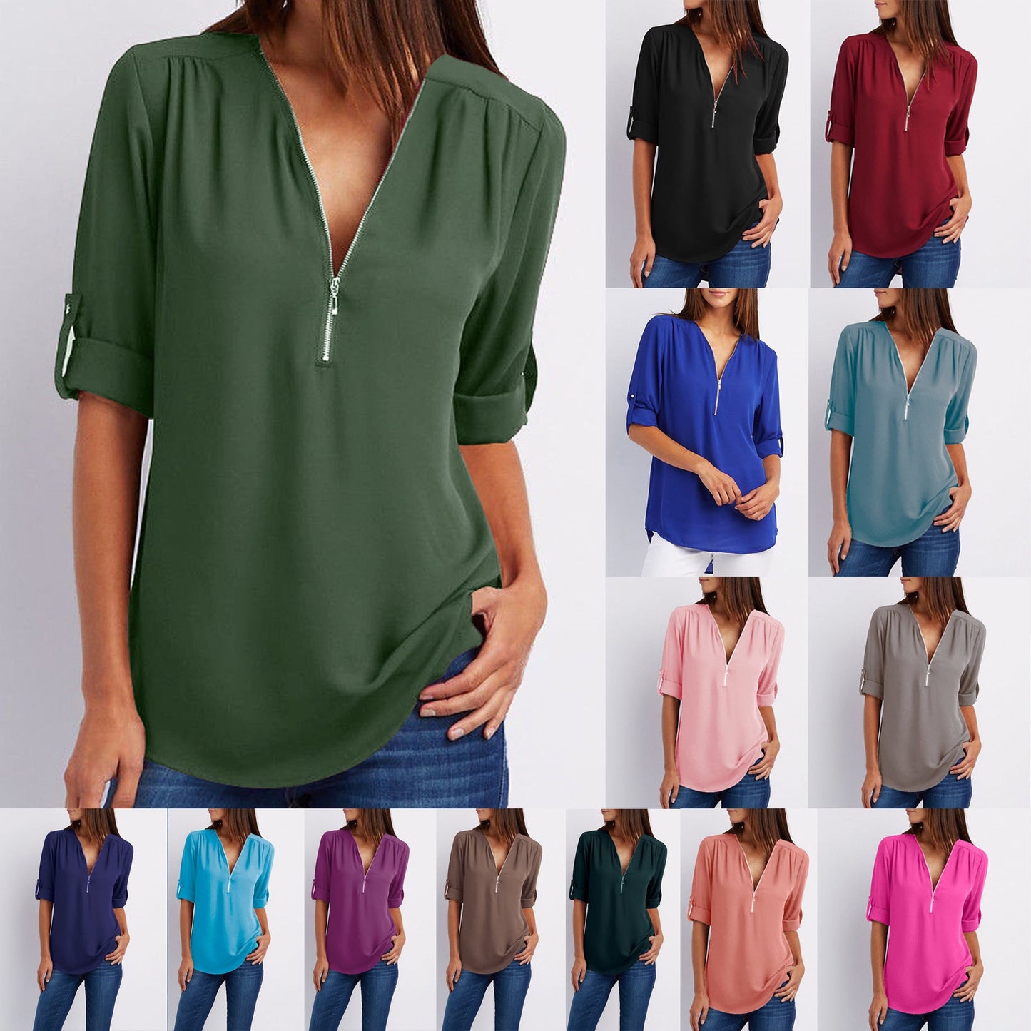 Zip V-neck Shirts Women Short Sleeve Loose Tops Ooho