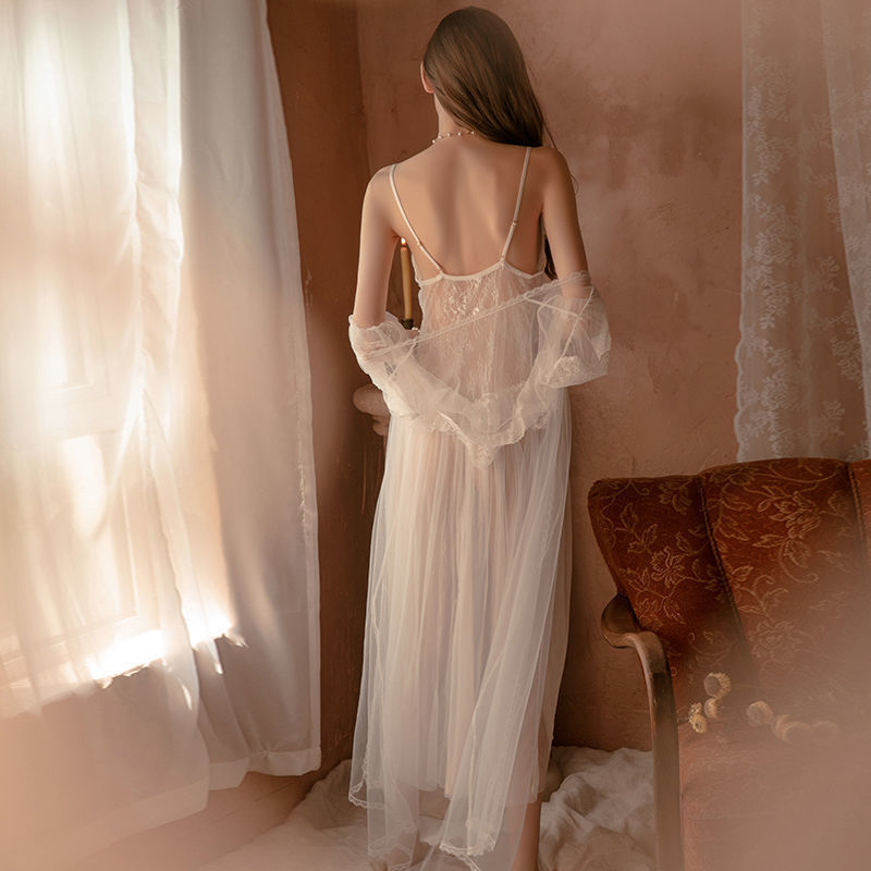 Women Chemise White Polyester Lace Sheer Stretch Chemise Overcoat Panty 3-Piece Set Sexy Lingerie Outfit Ooho