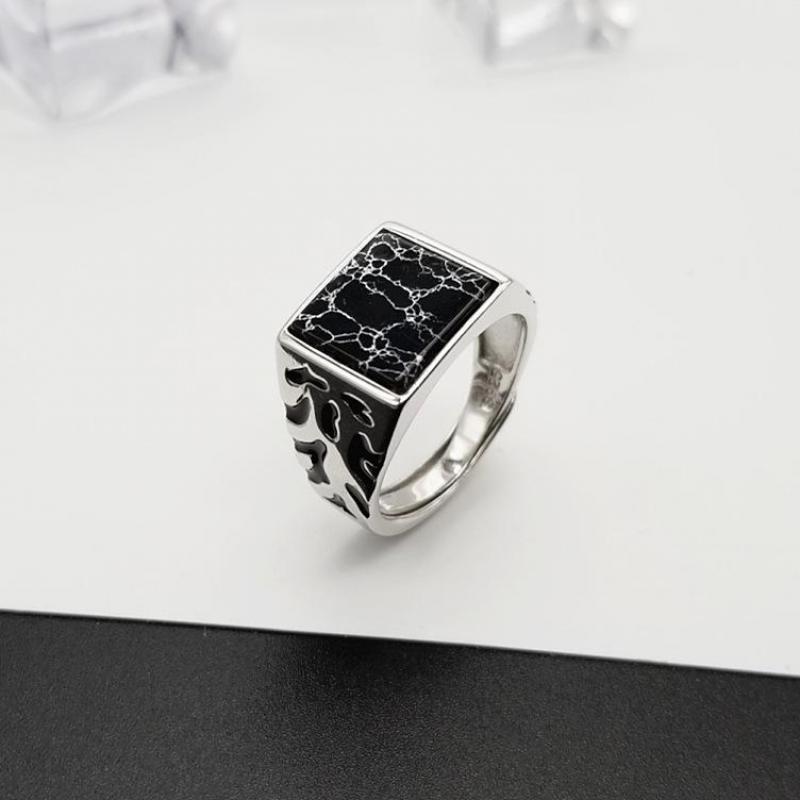 925 Sterling Silver Vintage Men's Rings Adjustable Square Black Stone Flower Pattern Design Male Turkey Jewelry Ooho