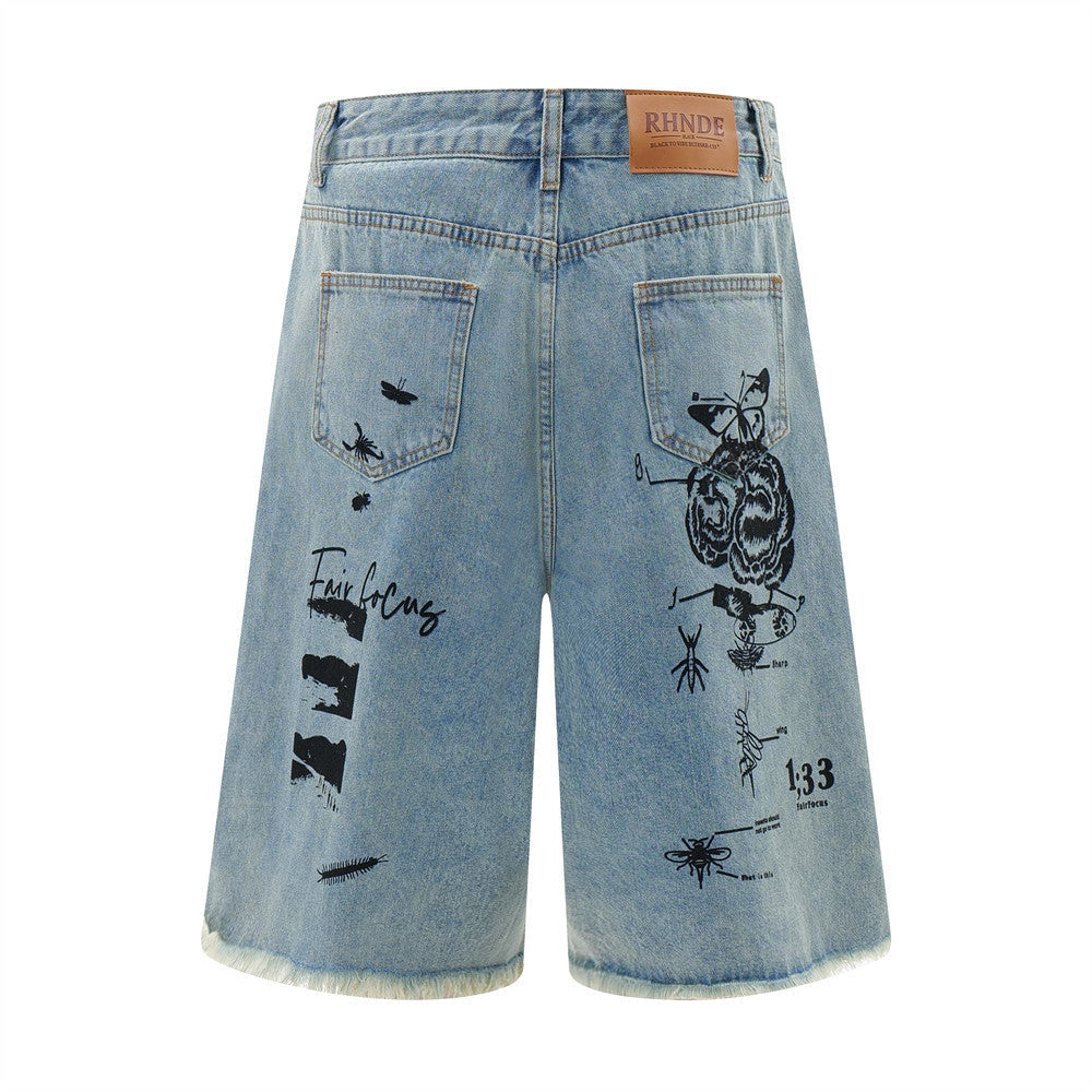 Printed Denim Straight Shorts For Men Ooho