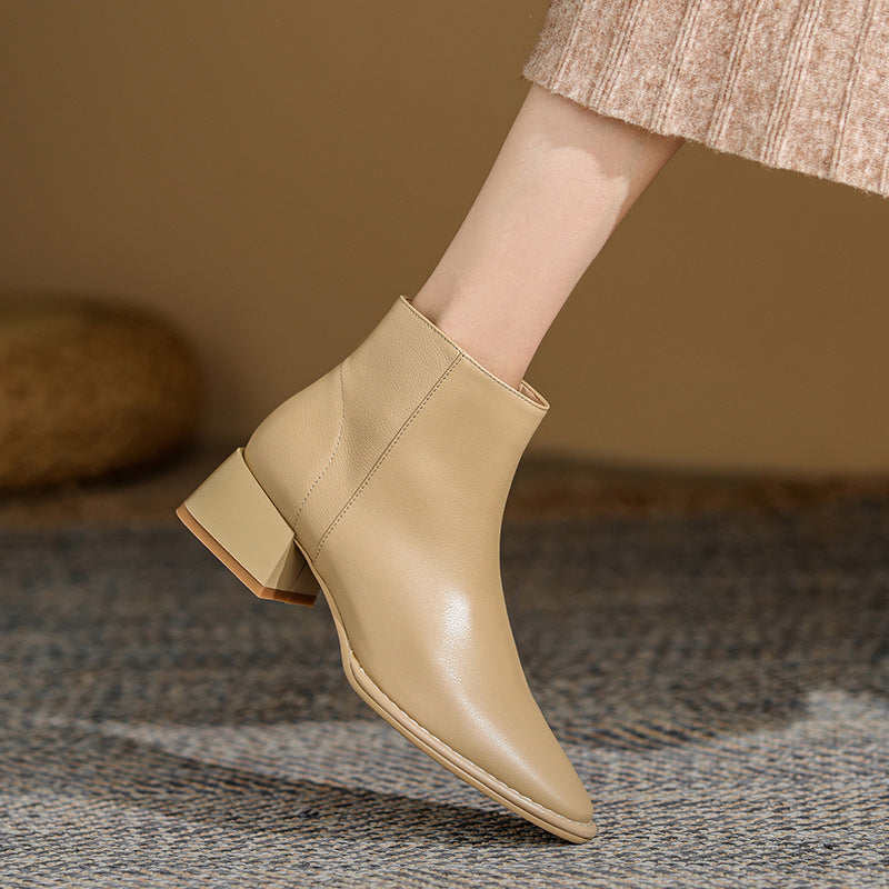 Simple All-match Soft Cowhide Boots Autumn And Winter New Thick Mid Heel Round Toe Brown Ankle Boots For Women Ooho