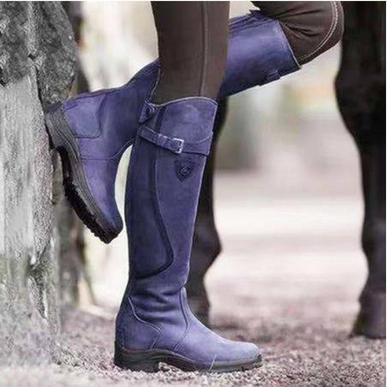 Classic Fashion Riding Western Boots Winter Knee Buckle Boots High Block Heel Round Toe Shoes For Women Ooho