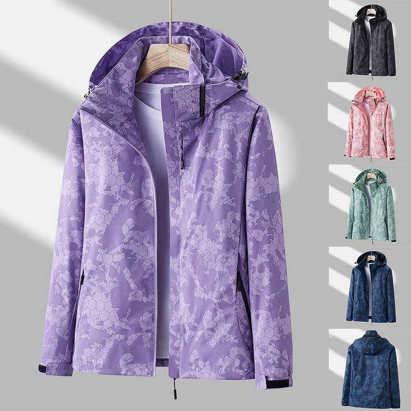 Printed Hooded Windbreaker Unisex Fashion Solid Color Zip-up Jacket Waterproof Windproof Outwear For Women Men Clothing Ooho