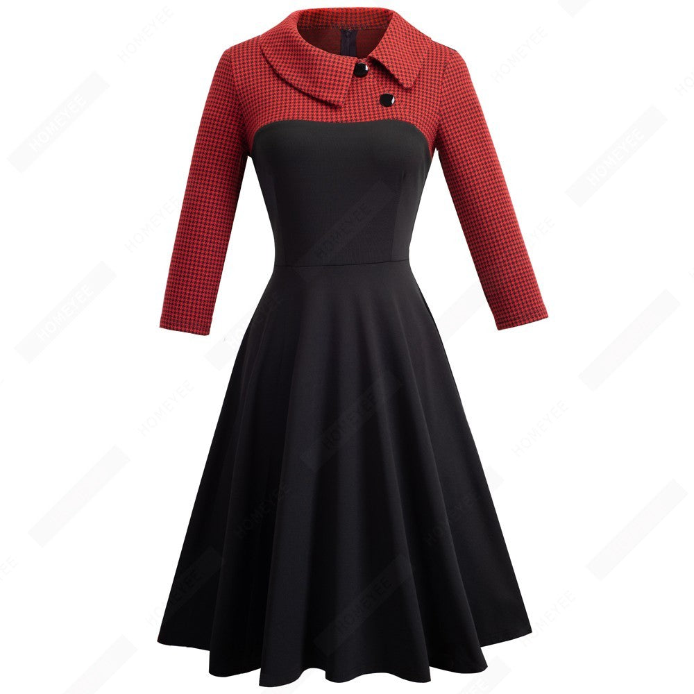 Contrast Stitching Lapel A-Line Dress for Women | Chic Button-Up Flared Dress Ooho