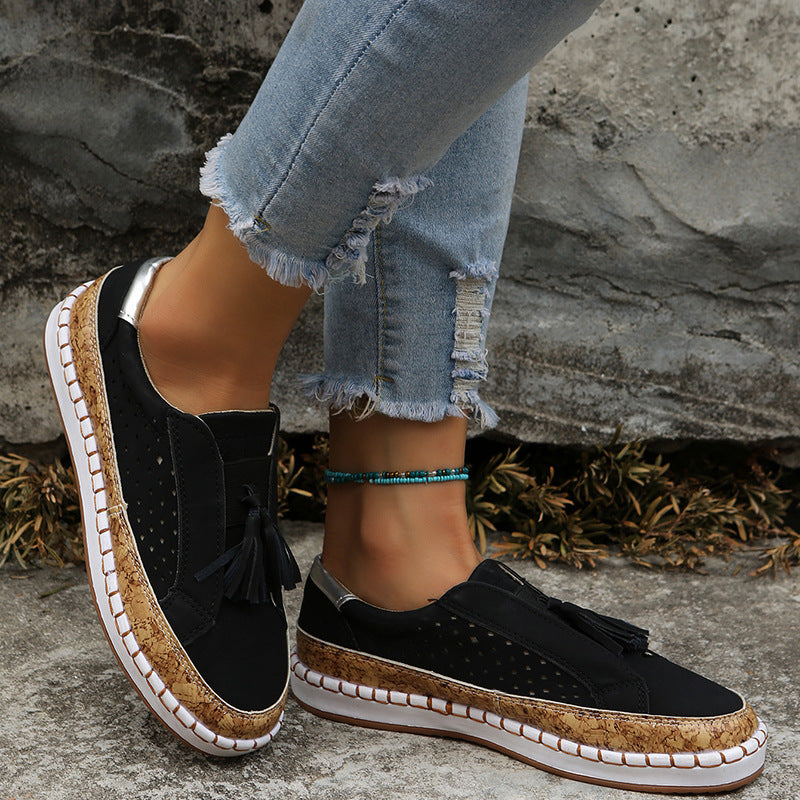 Tassel Shoes Women's Color Matching Round Toe Flats Ooho