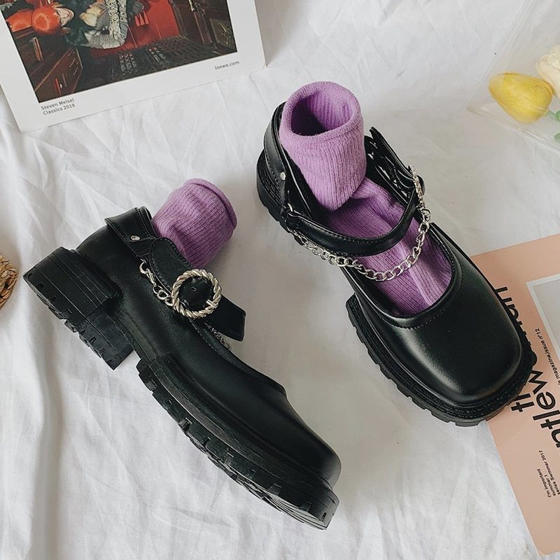 Rimocy Black Pu Leather Metal Chain Chunky Mary Janes Shoes Woman Autumn Square Heels Ankle Strap Platform Pumps Women Punk Ooho