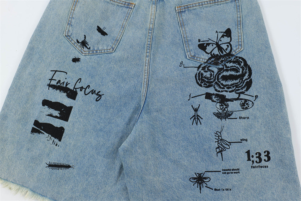 Printed Denim Straight Shorts For Men Ooho