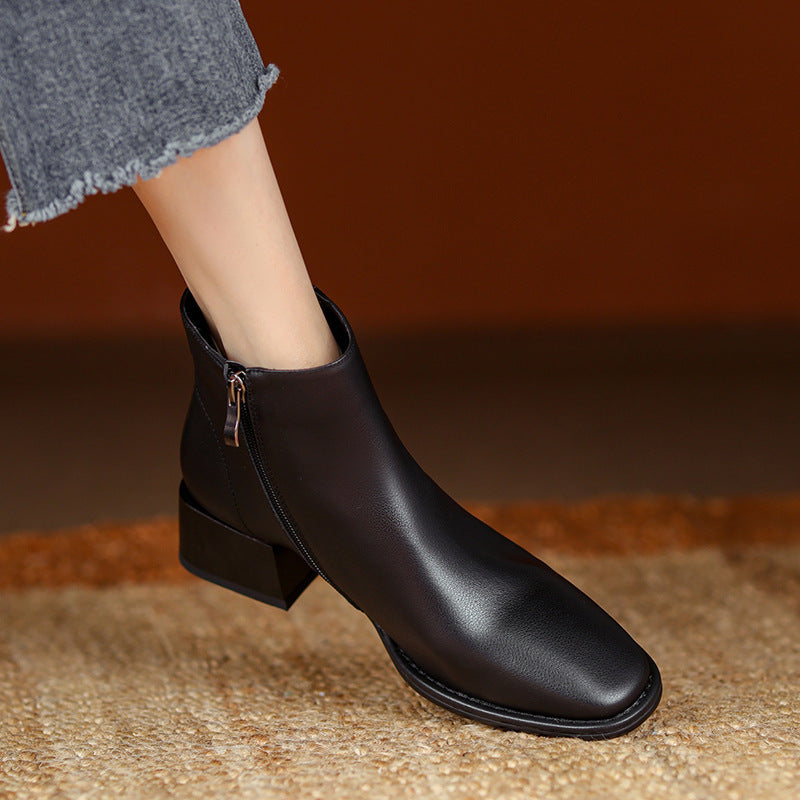 Simple All-match Soft Cowhide Boots Autumn And Winter New Thick Mid Heel Round Toe Brown Ankle Boots For Women Ooho