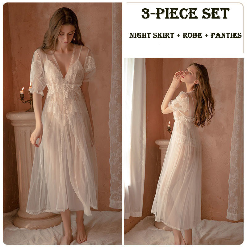 Women Chemise White Polyester Lace Sheer Stretch Chemise Overcoat Panty 3-Piece Set Sexy Lingerie Outfit Ooho