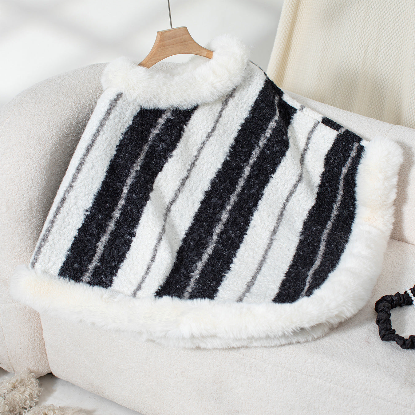 Cape Fur Collar Striped Knitted Shawl Sweater For Women Ooho