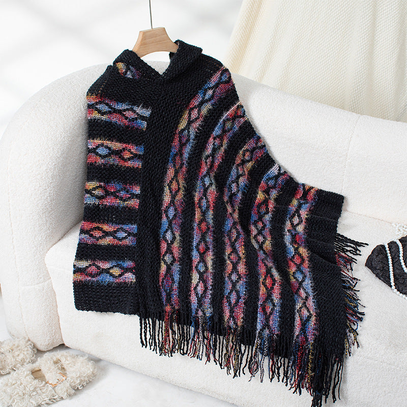 Women's Fashion Knitted Tassel Cape & Shawl – Cozy Boho Chic Wrap Ooho