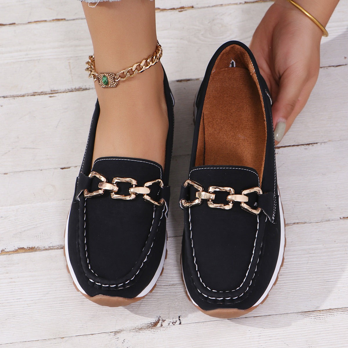 Oversized Shoes Female Metal Chain Flat Platform Casual Loafers Ooho