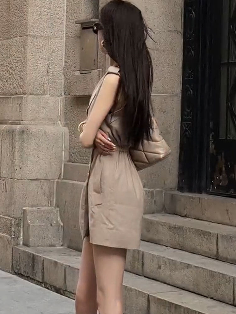 Sleeveless Cargo Jumpsuit for Women | One-Piece Utility Culottes with Suit Collar Ooho