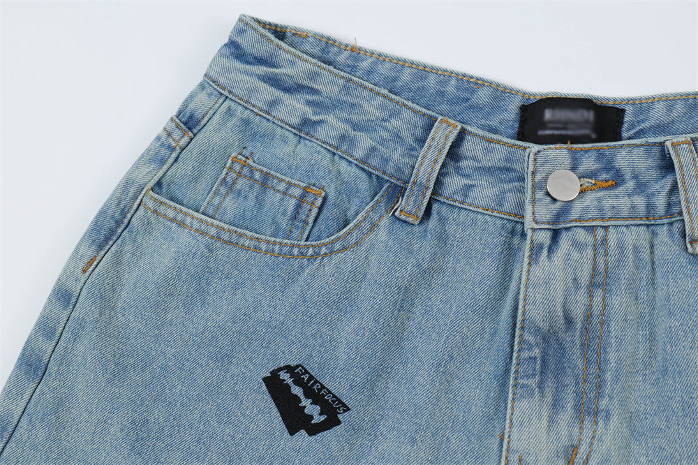 Printed Denim Straight Shorts For Men Ooho