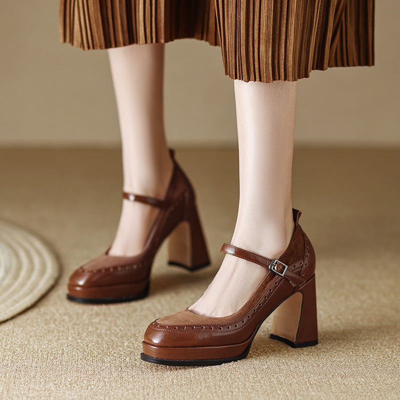 Leather High Heels Female French Retro Ooho