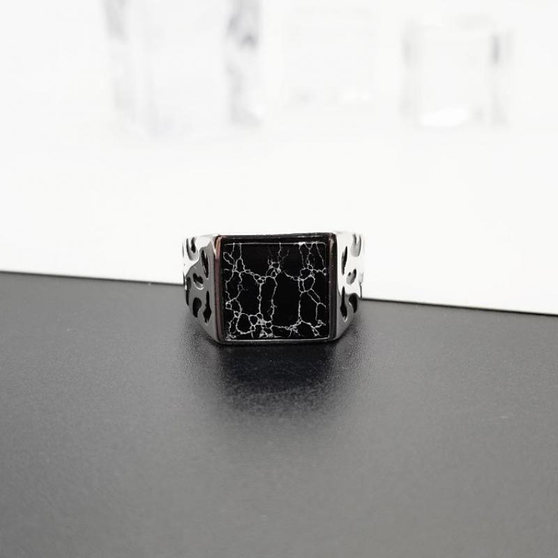 925 Sterling Silver Vintage Men's Rings Adjustable Square Black Stone Flower Pattern Design Male Turkey Jewelry Ooho