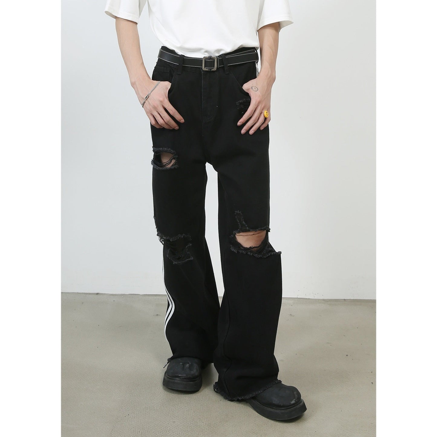 Retro Tattered Jeans Washed Wide-leg Jeans For Men Ooho